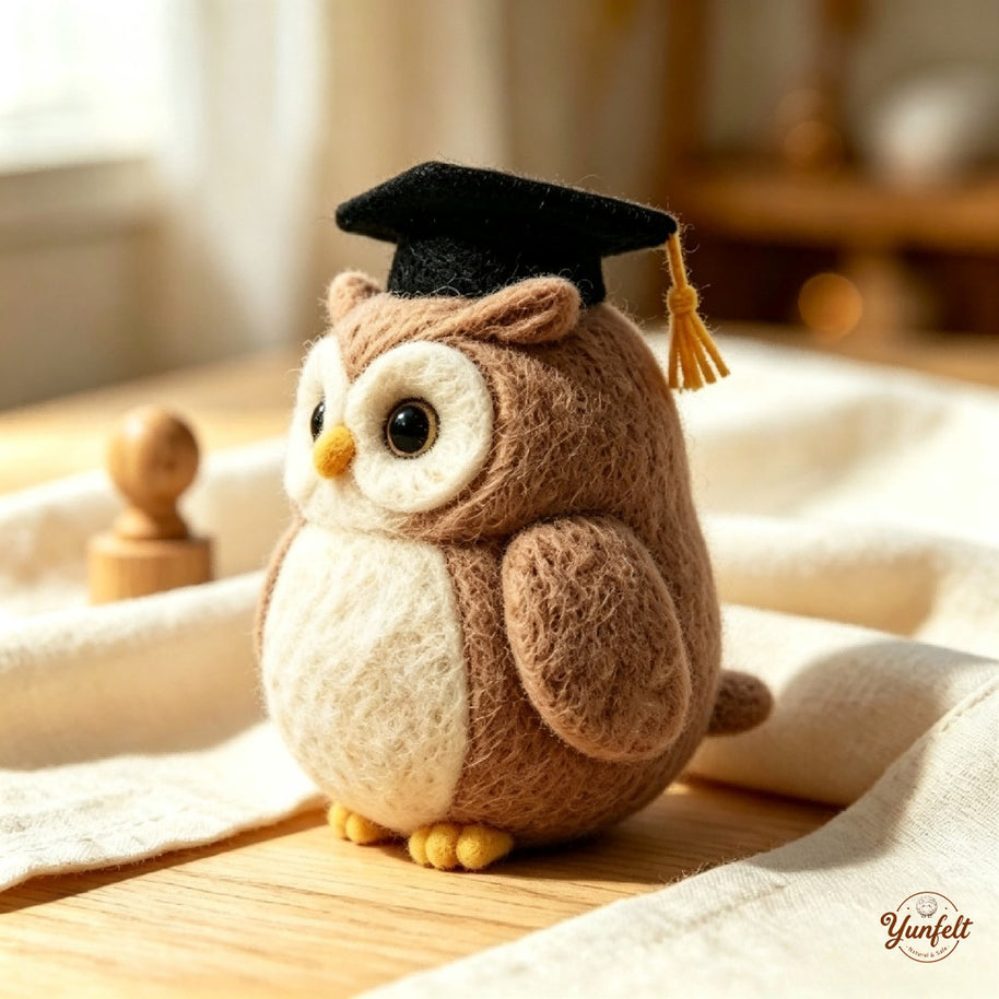 Handmade Wool Felt Graduation Owl Figurine – Celebration Desk Decor Gift