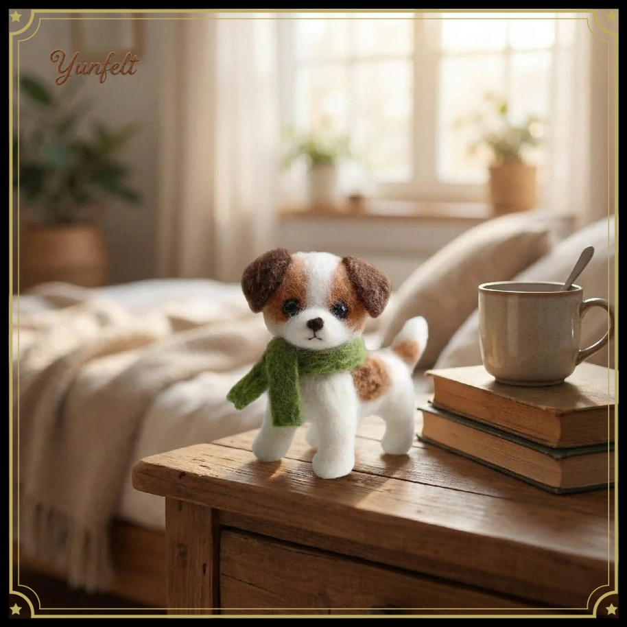 Puppy with Green Scarf – Wool Felt Cozy Holiday Dog Figurine