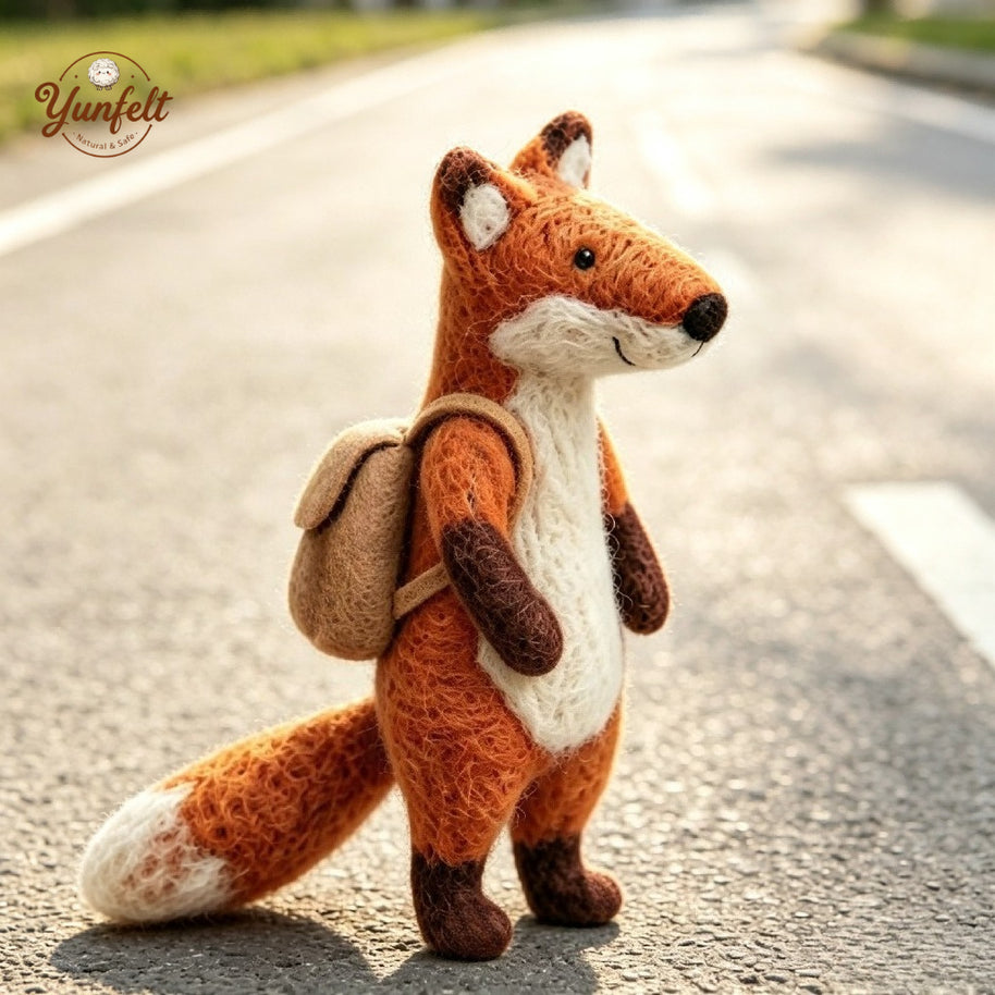 Handmade Wool Felt Fox Figurine with Backpack – Travel Desk Decor Gift