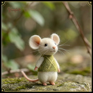 Minimalist Mouse in Green Vest – Simple Wool Felt Desk Figurine