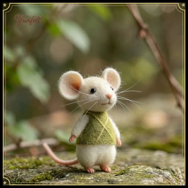 Minimalist Mouse in Green Vest – Simple Wool Felt Desk Figurine