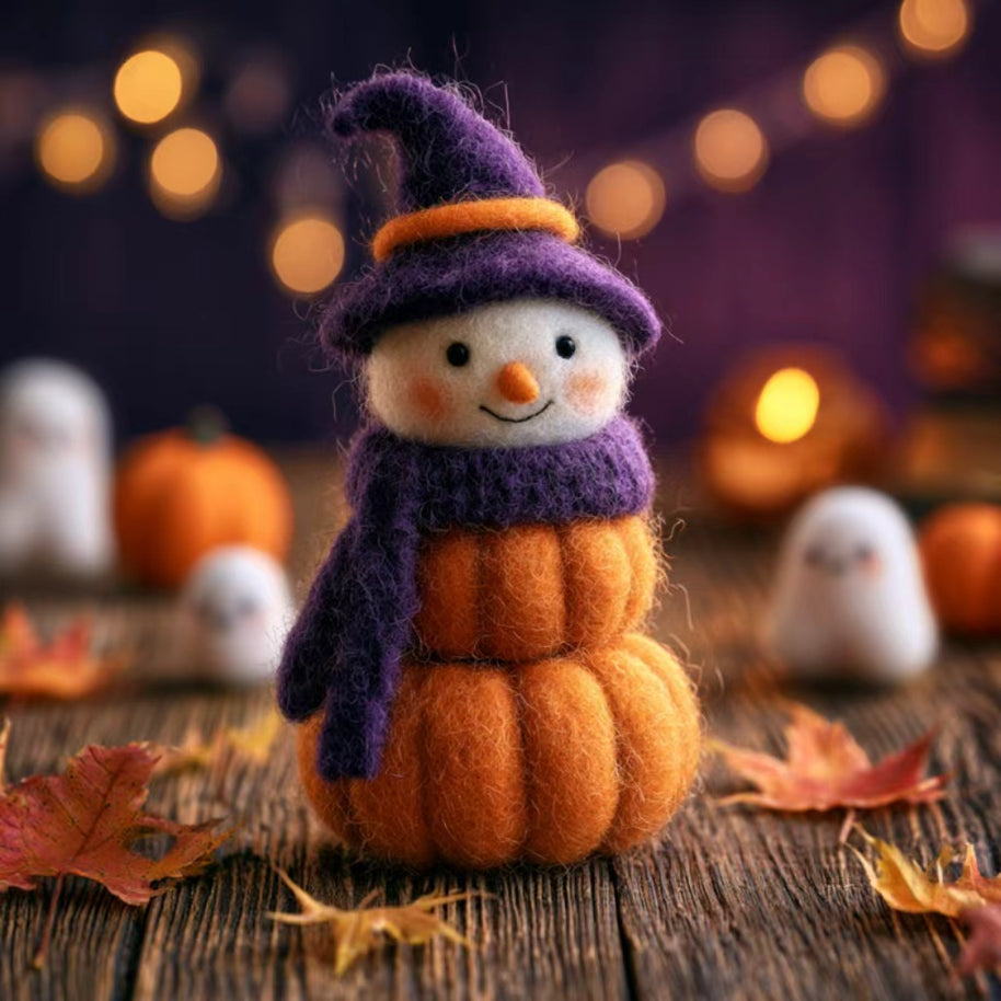 Handmade Wool Felt Stacked Pumpkin Witch Figurine – Halloween Desk Decor Gift