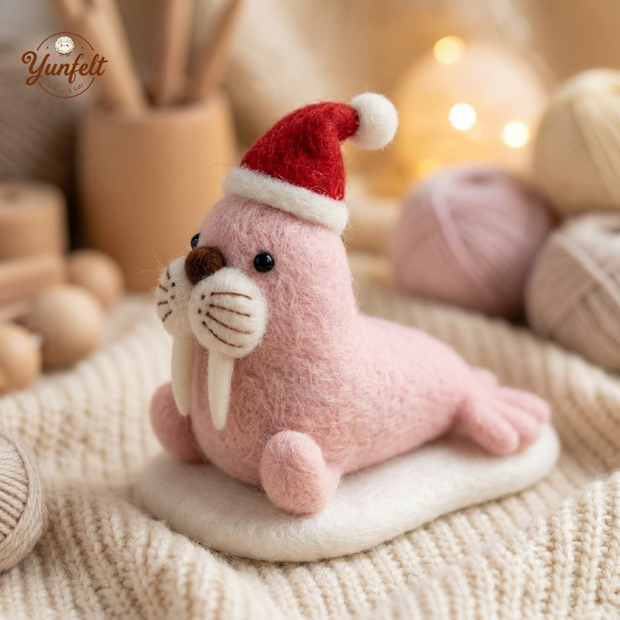 Walrus with Santa Hat – Wool Felt Arctic Holiday Ornament