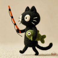 Bewildered Black Cat – Handmade Wool Felt Figurine