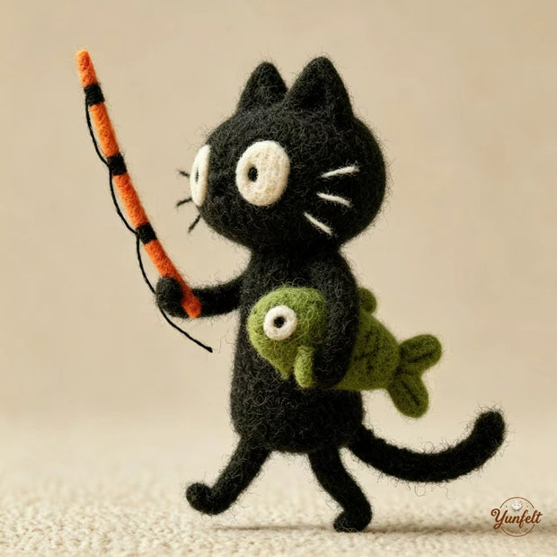 Bewildered Black Cat – Handmade Wool Felt Figurine