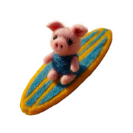 Pig in Swimsuit on Surfboard – Carefree Wool Felt Summer Figurine