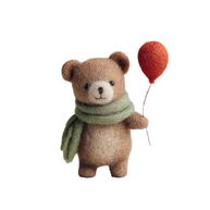 Teddy Bear with Red Balloon & Scarf – Wool Felt Cheerful Figurine