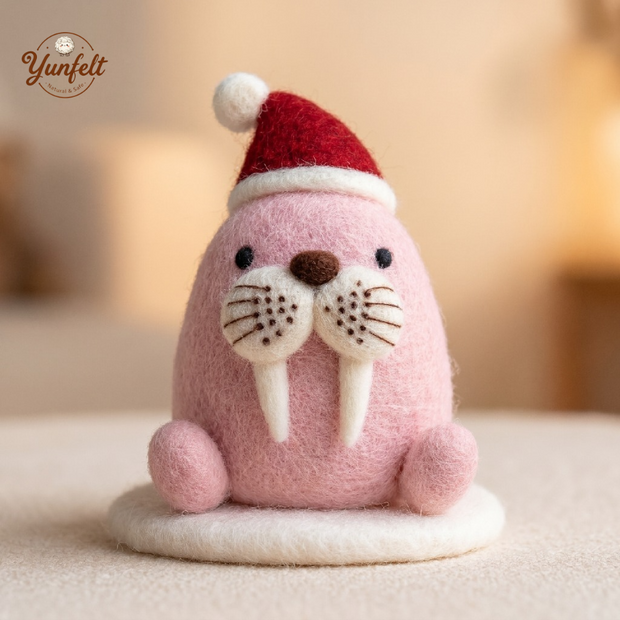Walrus with Santa Hat – Wool Felt Arctic Holiday Ornament