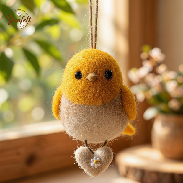 Yellow Bird of Happiness with Daisy Heart – Wool Felt Hanging Ornament