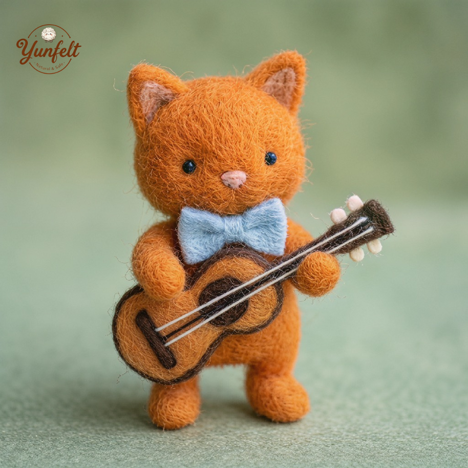 Acoustic Guitar Cat – Wool Felt Musical Desk Companion