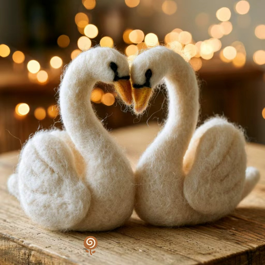 The Heart-Shaped Swan Pair – Handmade Wool Felt Figurine Set