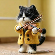 Handmade Wool Felt Violinist Cat Figurine – Musical Desk Decor Gift