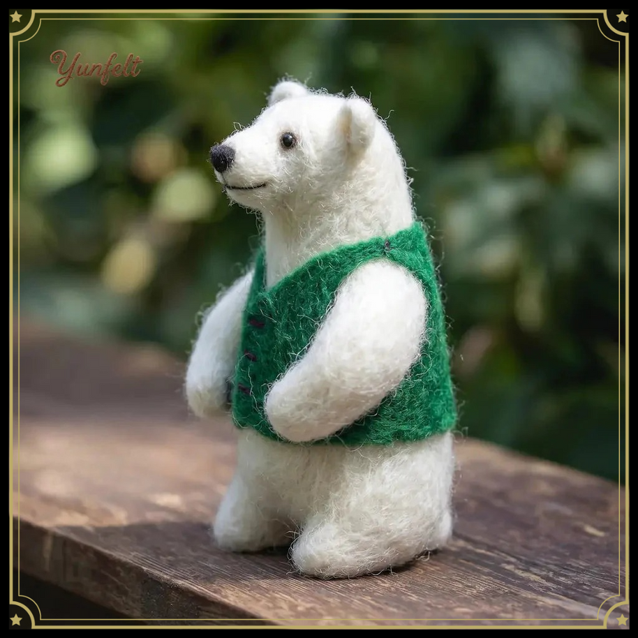 Storybook White Bear in Green Vest – Wool Felt Gentle Desk Companion