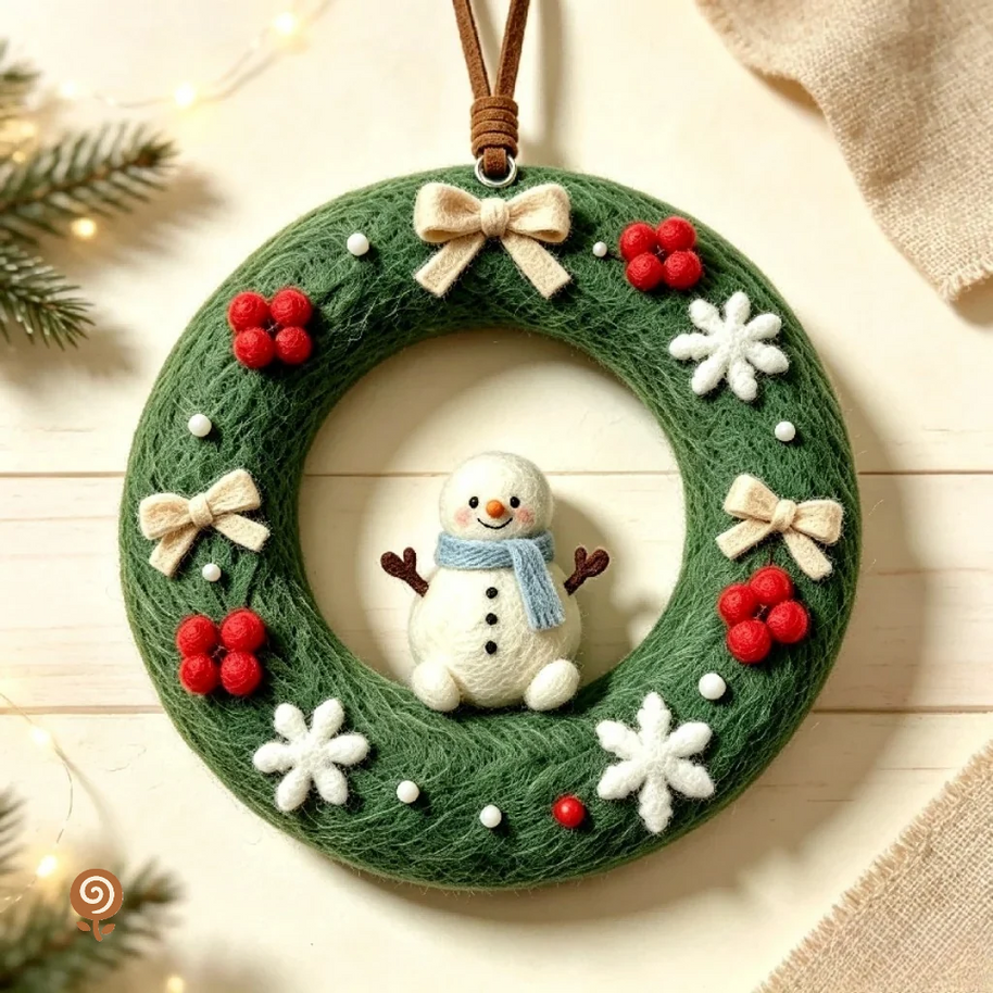 The Snowman’s Christmas Wreath – Handmade Wool Felt Hanging Ornament