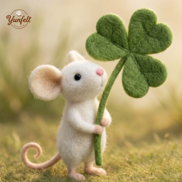 White Mouse with Shamrock – Wool Felt Lucky Clover Figurine