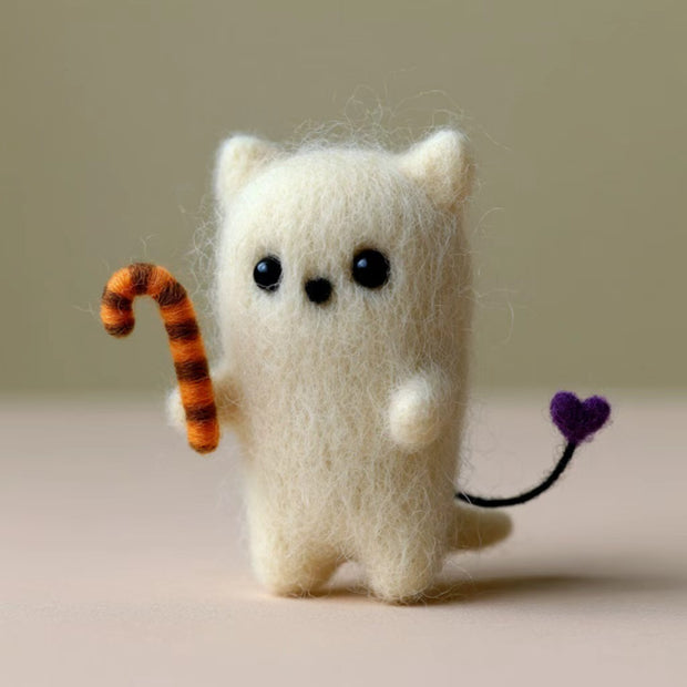 Handmade Wool Felt Ghost Cat Figurine – Halloween Desk Decor Gift