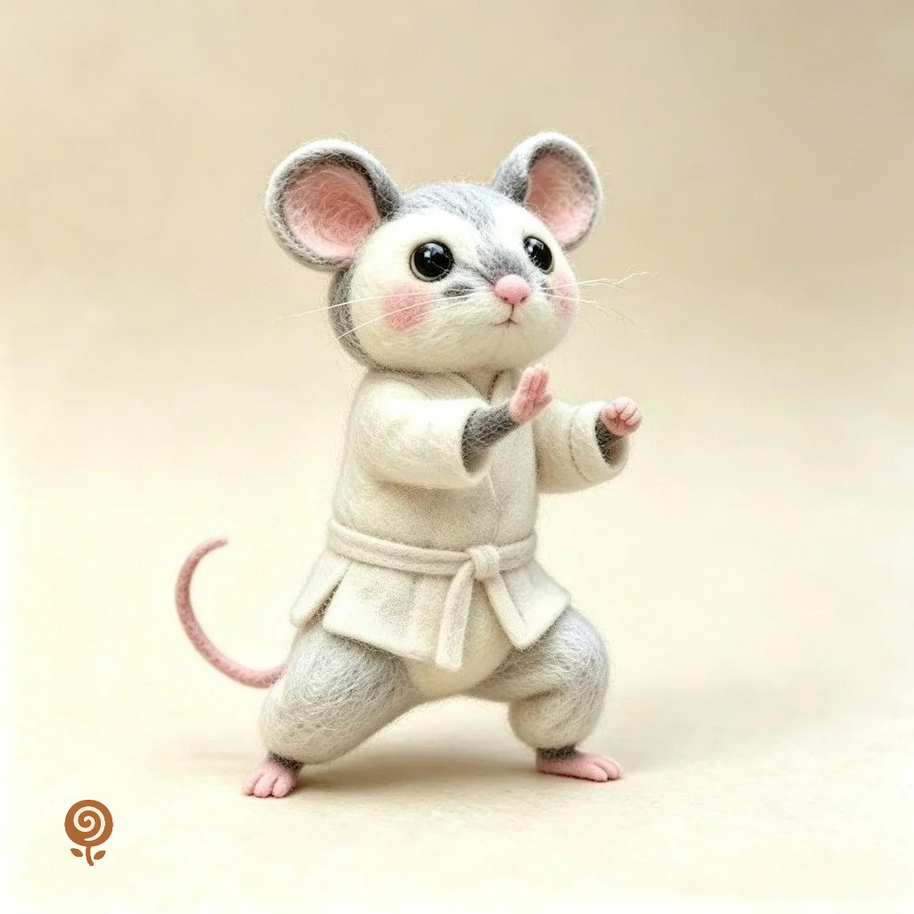 The Little Kung Fu Mouse – Handmade Wool Felt Figurine