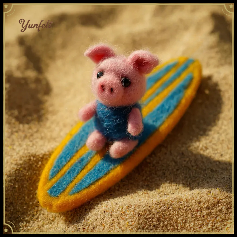 Pig in Swimsuit on Surfboard – Carefree Wool Felt Summer Figurine