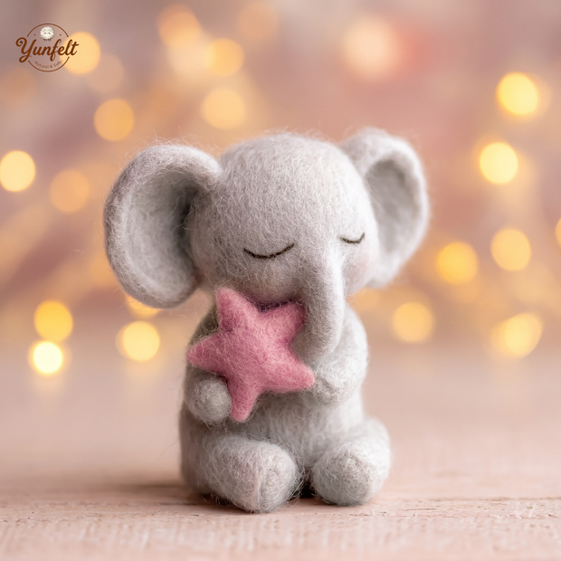 Sleeping Baby Elephant Holding Star – Wool Felt Bedtime Guardian