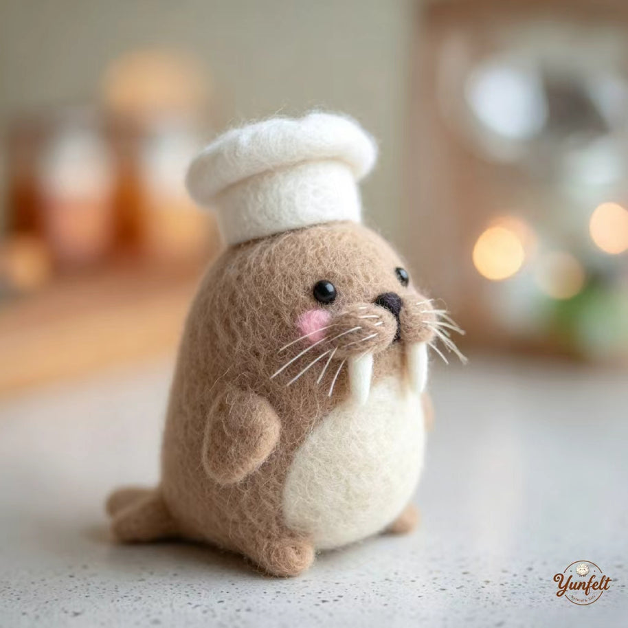 Handmade Wool Felt Walrus Chef Figurine – Cozy Kitchen Desk Decor Gift