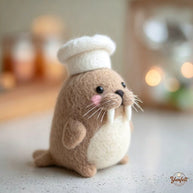 Handmade Wool Felt Walrus Chef Figurine – Cozy Kitchen Desk Decor Gift