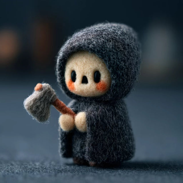 Handmade Wool Felt Little Reaper Figurine – Spooky Halloween Desk Decor Gift