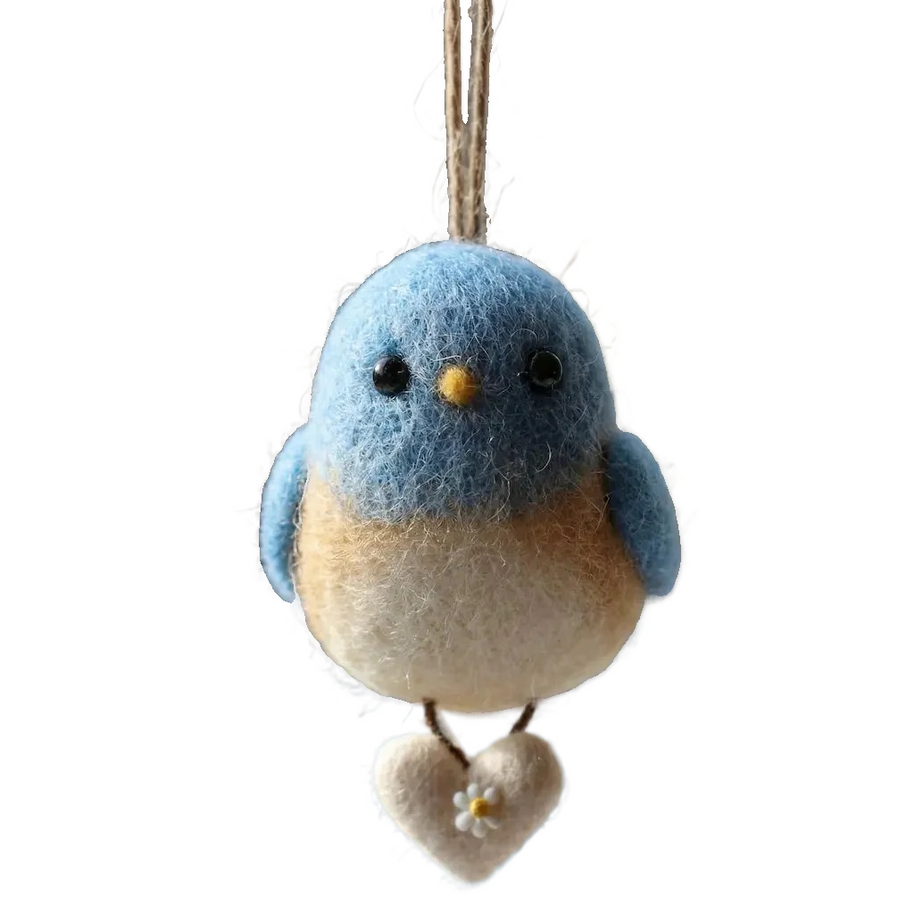 Bluebird of Happiness with Daisy Heart – Wool Felt Hanging Ornament