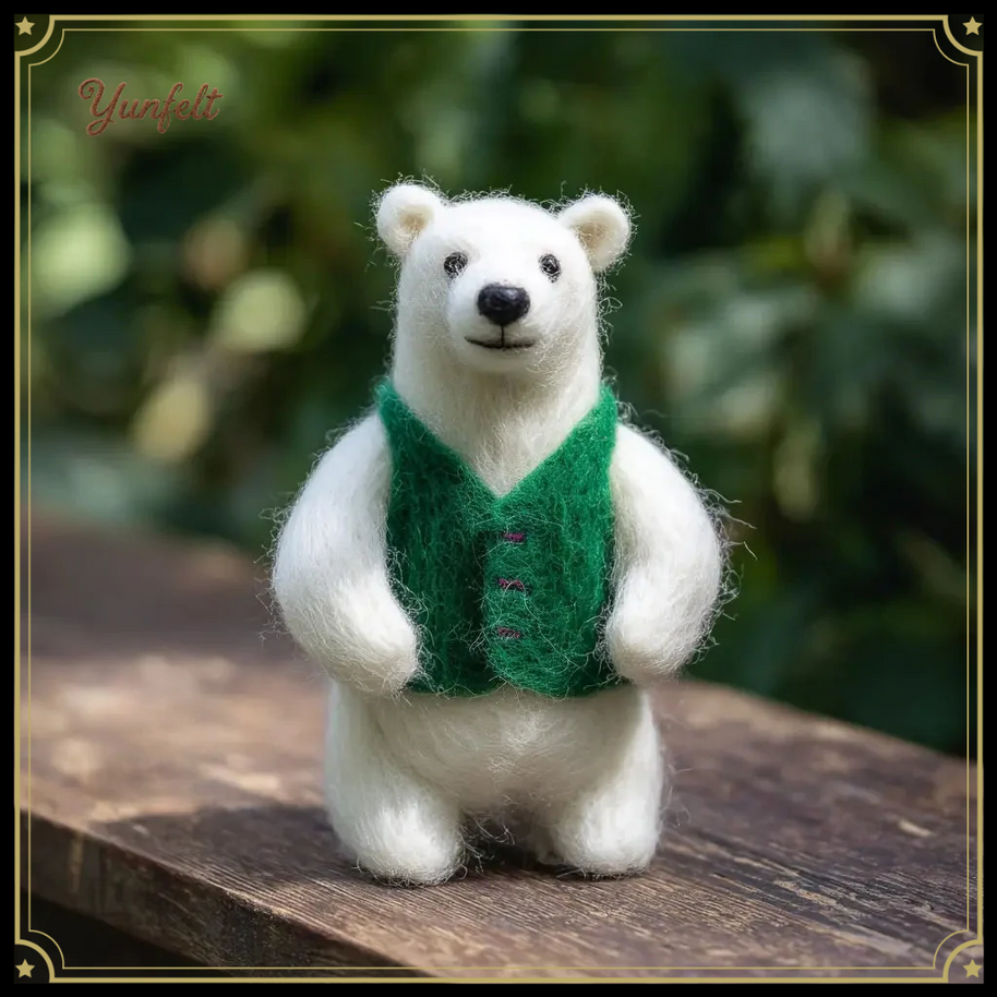 Storybook White Bear in Green Vest – Wool Felt Gentle Desk Companion