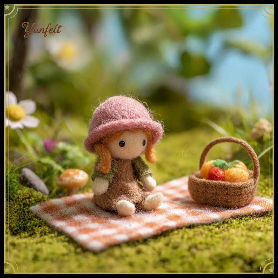 Spring Picnic Girl Set – Wool Felt Figurine with Fruit Basket & Mat