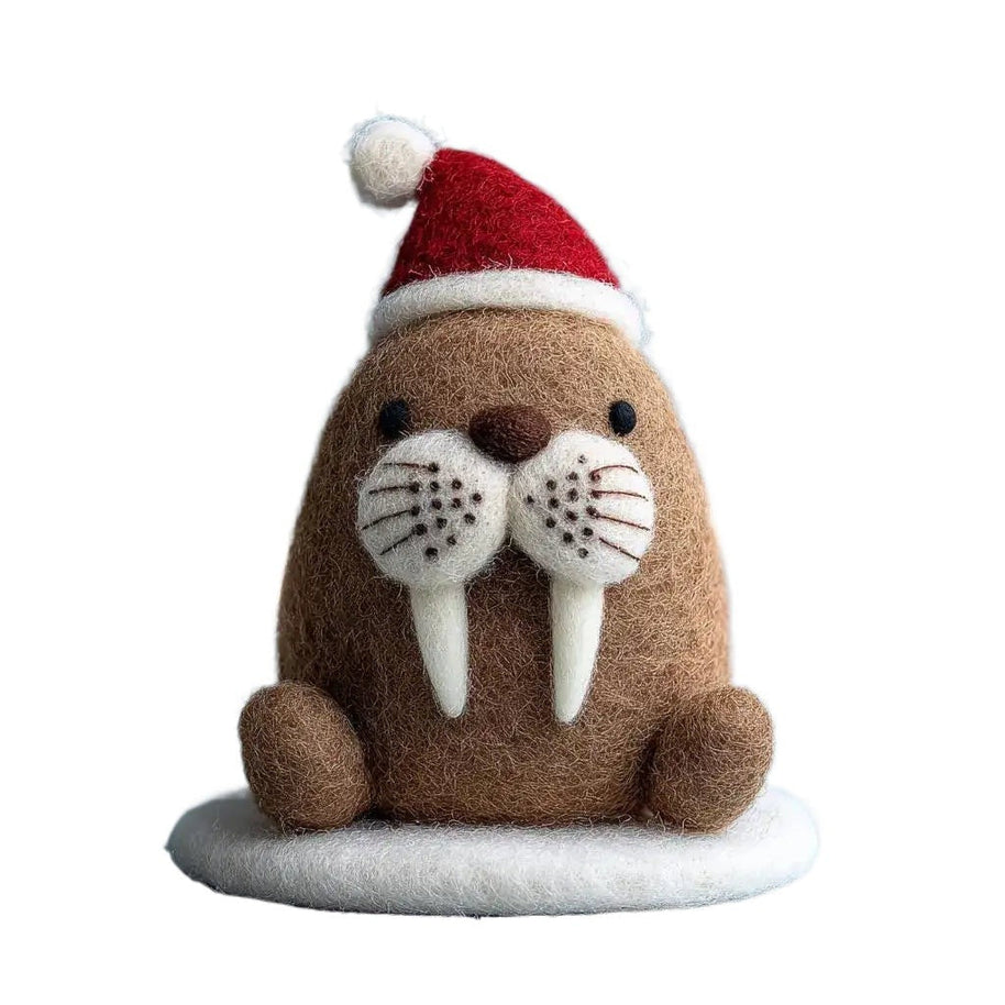 Walrus with Santa Hat – Wool Felt Arctic Holiday Ornament