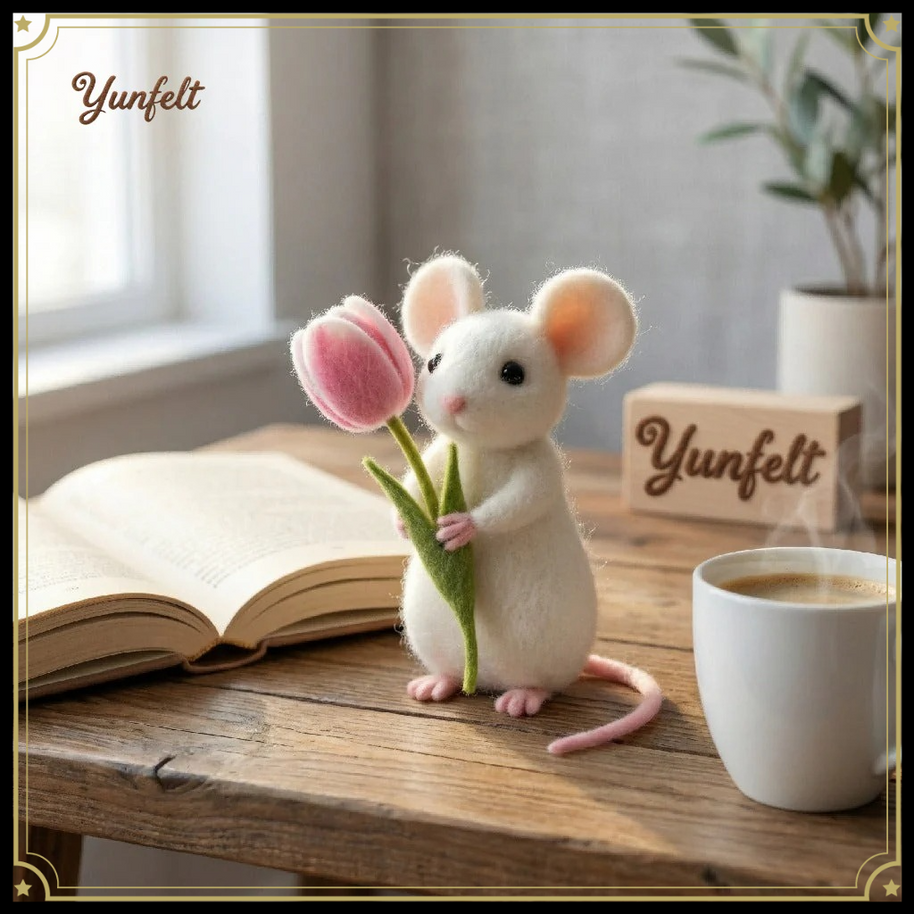 Spring Mouse Holding Pink Tulip – Wool Felt Floral Figurine