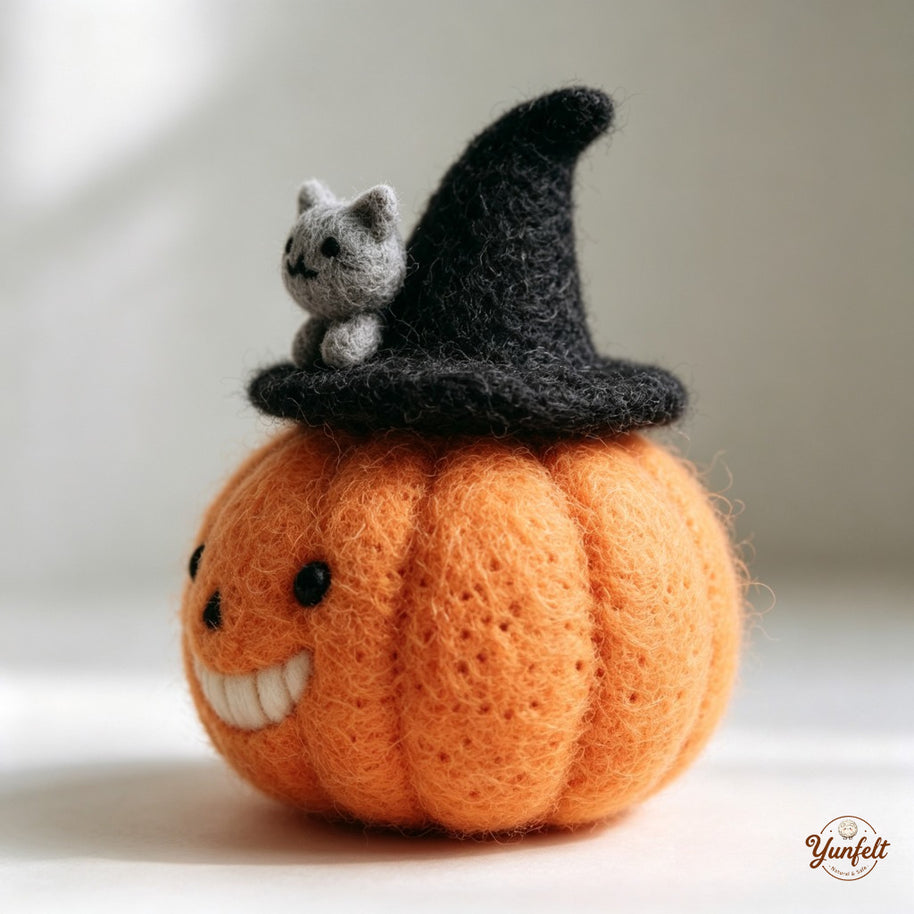Handmade Wool Felt Witch Cat Pumpkin Figurine – Halloween Desk Decor Gift