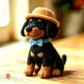 The Dapper Straw-Hat Puppy – Handmade Wool Felt Dog Figurine