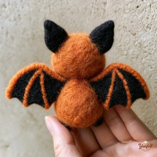 Handmade Wool Felt Orange Bat Figurine – Spooky Halloween Desk Decor Gift