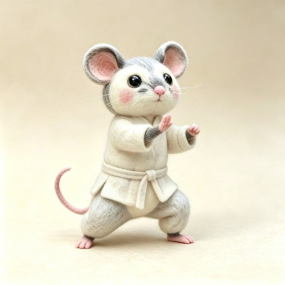 Handmade Wool Felt Martial Arts Mouse Figurine – Whimsical Desk Decor Gift