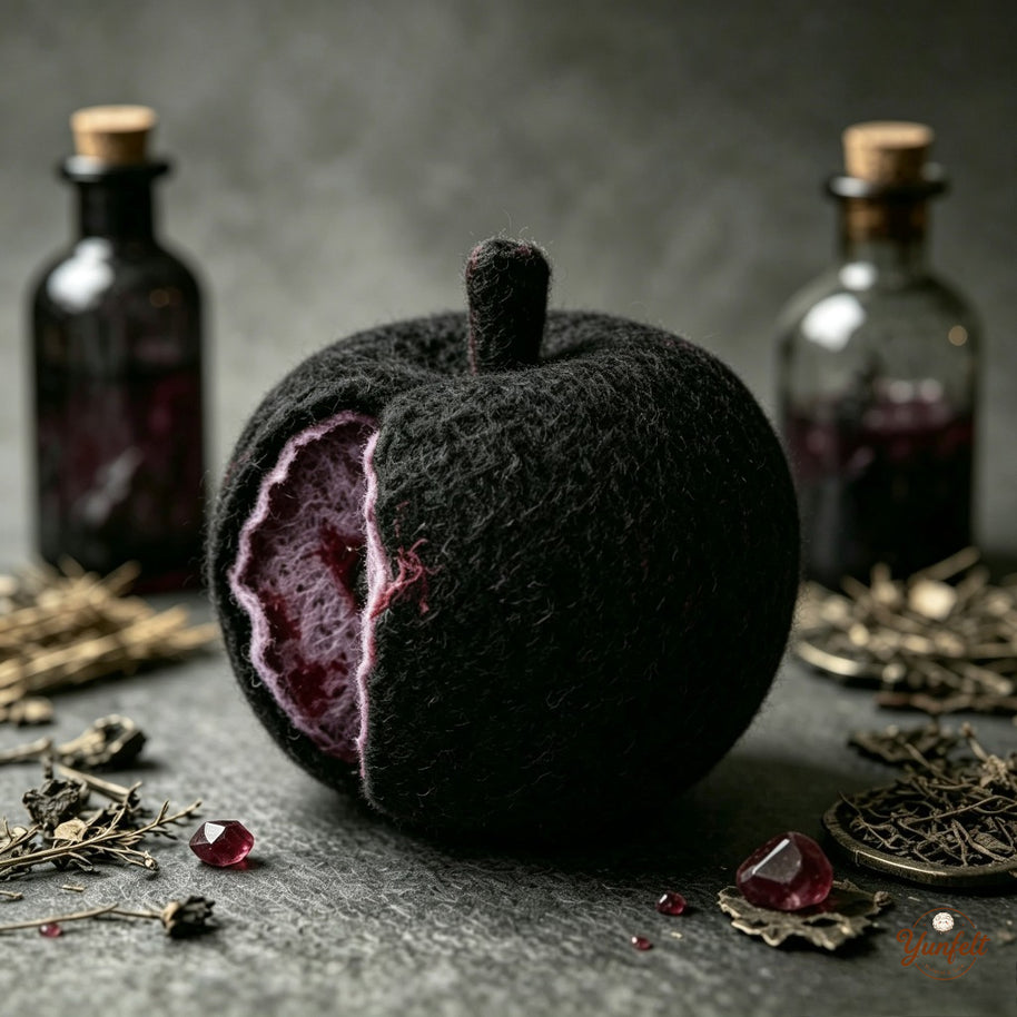 Handmade Wool Felt Mystic Black Apple Figurine – Gothic Halloween Decor Gift