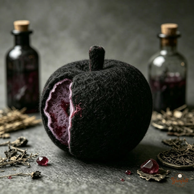 Handmade Wool Felt Mystic Black Apple Figurine – Gothic Halloween Decor Gift
