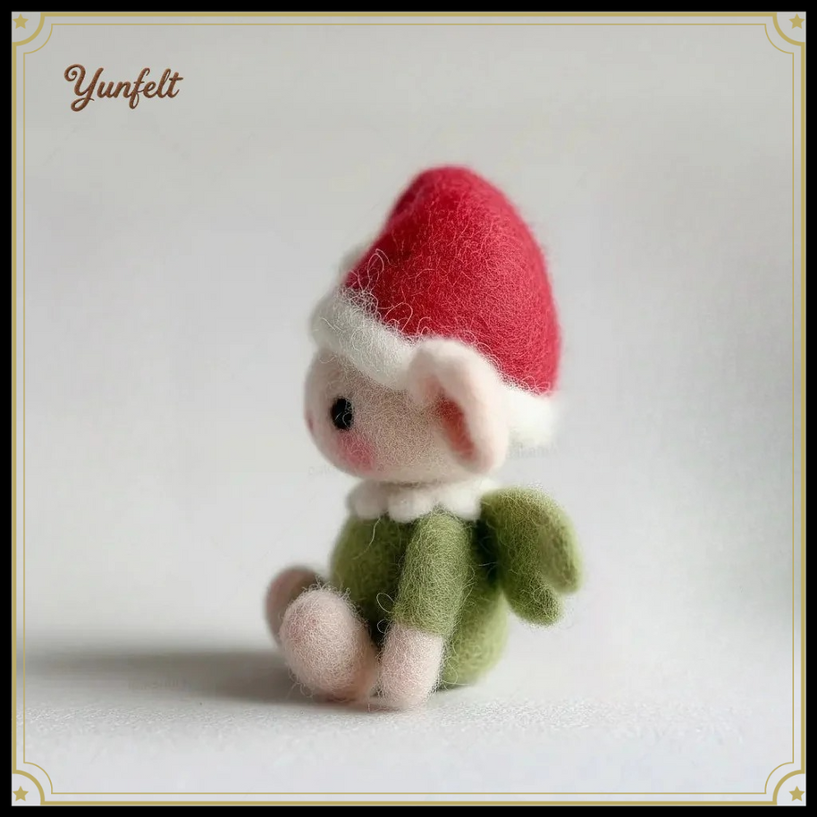 Forest Pixie with Red Hat & Green Wings – Wool Felt Whimsical Art