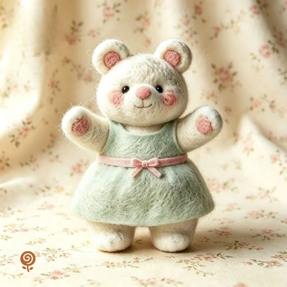 The Twirling Mint-Dress Mouse – Handmade Wool Felt Figurine
